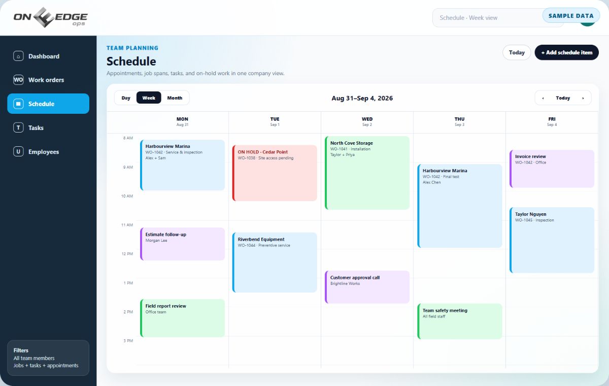 On Edge Ops weekly schedule with jobs tasks and on-hold work using fictional sample data